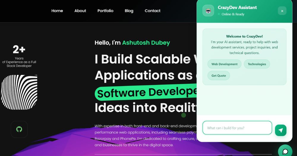 AI Chatbot by Crazydev – Smart Portfolio Assistant by Ashutosh Dubey